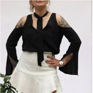 Line & Dot Top Cupro Cold Shoulder Black Blouse Flare Sleeve NEW